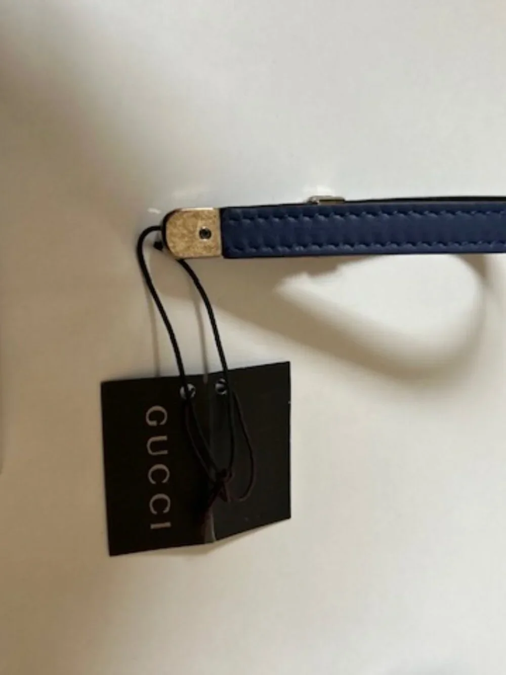 New Authentic Gucci Interlocking G Blue Leather Phone Strap Brushed Nickel Metal